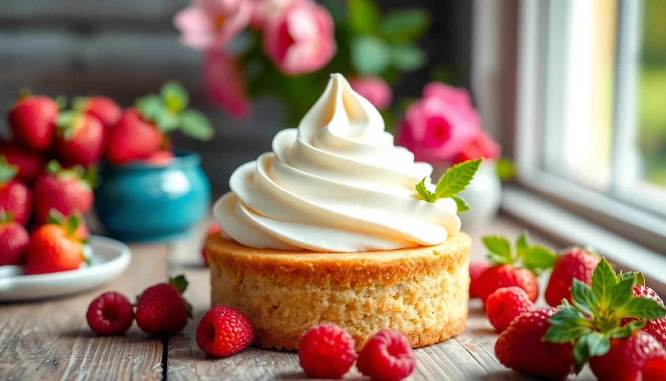 Mousseline crème decoratie op een elegante taart met verse bessen.