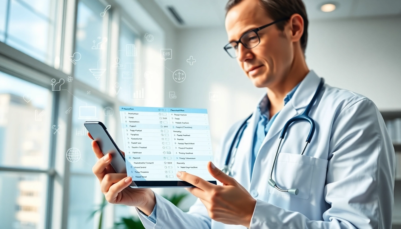 Engaged healthcare provider managing apps for electronic prescriptions on a tablet.