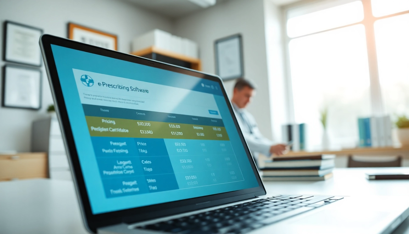 E-prescribing software pricing options displayed on a laptop in a professional healthcare setting.